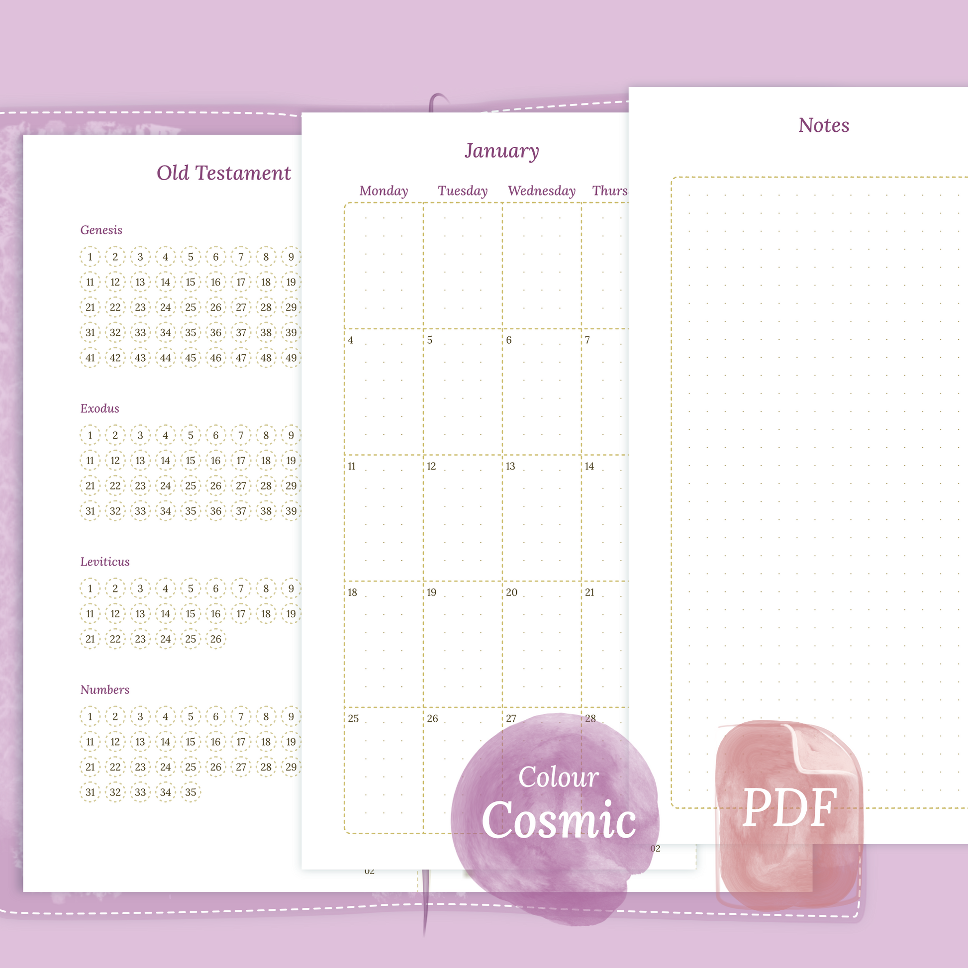 Examples featuring the PDF printable Bible study kit inserts modules Bible journey map, M2P month on 2 pages and Notes in the colour Cosmic/Raspberry for Standard size Traveler's Notebook.