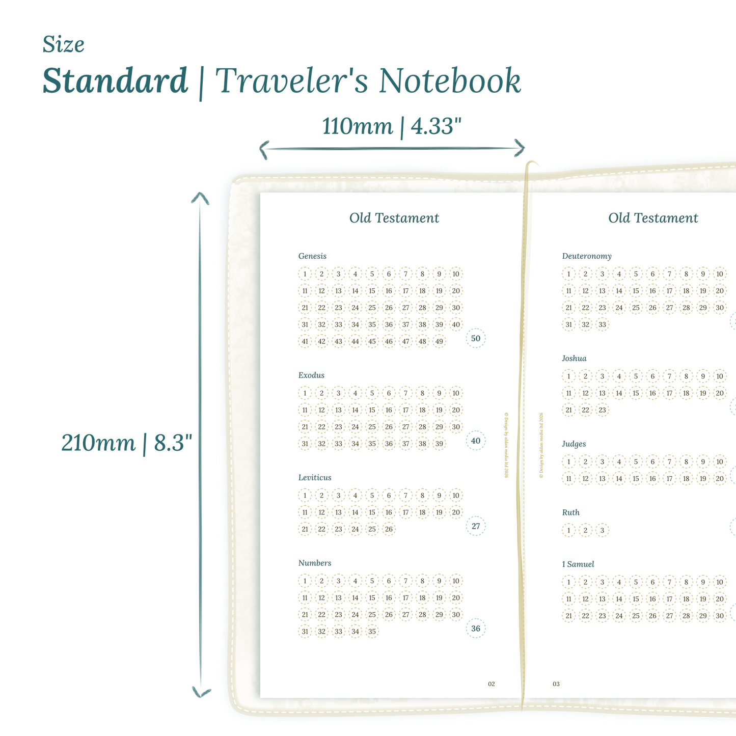 Calendar PDF printable planner insert with dimensions labeled on a white background to show the size supported which is Standard for Traveler's Notebook.