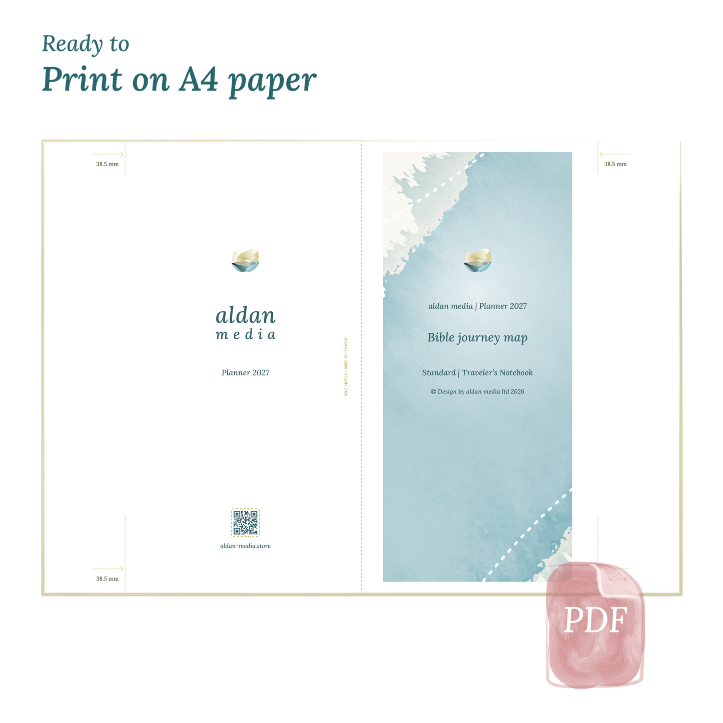 PDF printable calendar planner with lake design on A4 paper that illustrates that our products are ready to print.