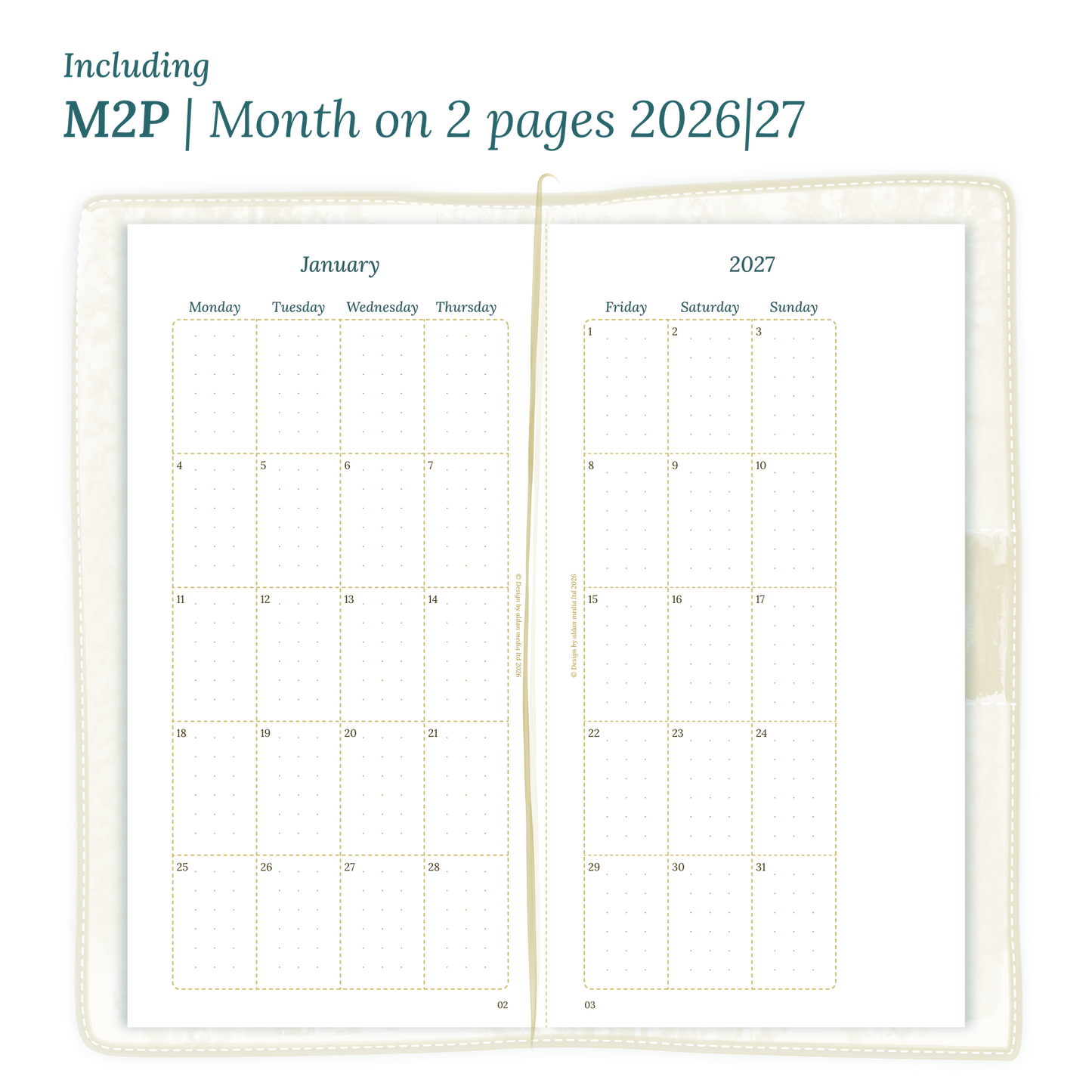 Open planner showing details of the PDF printable planner inserts module M2P month on 2 pages for January 2026 till December 2027 for Standard size Traveler's Notebook.