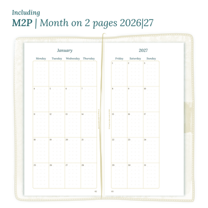 Open planner showing details of the PDF printable planner inserts module M2P month on 2 pages for January 2026 till December 2027 for Standard size Traveler's Notebook.