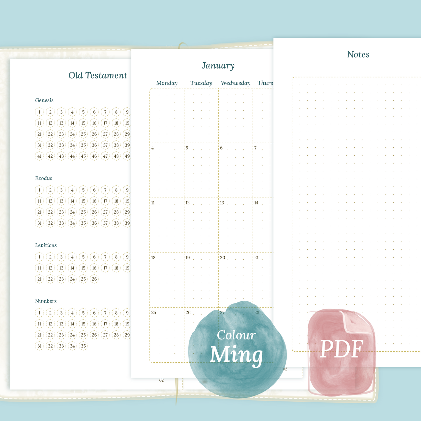 Examples featuring the PDF printable Bible study kit inserts modules Bible journey map, M2P month on 2 pages and Notes in the colour Ming/Blue for Standard size Traveler's Notebook.