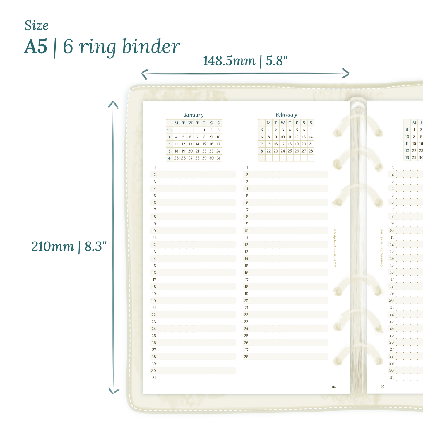 Printable PDF calendar planner insert with dimensions labeled on a white background to show the size supported which is A5 for 6 ring binder.