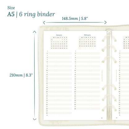 Printable PDF calendar planner insert with dimensions labeled on a white background to show the size supported which is A5 for 6 ring binder.