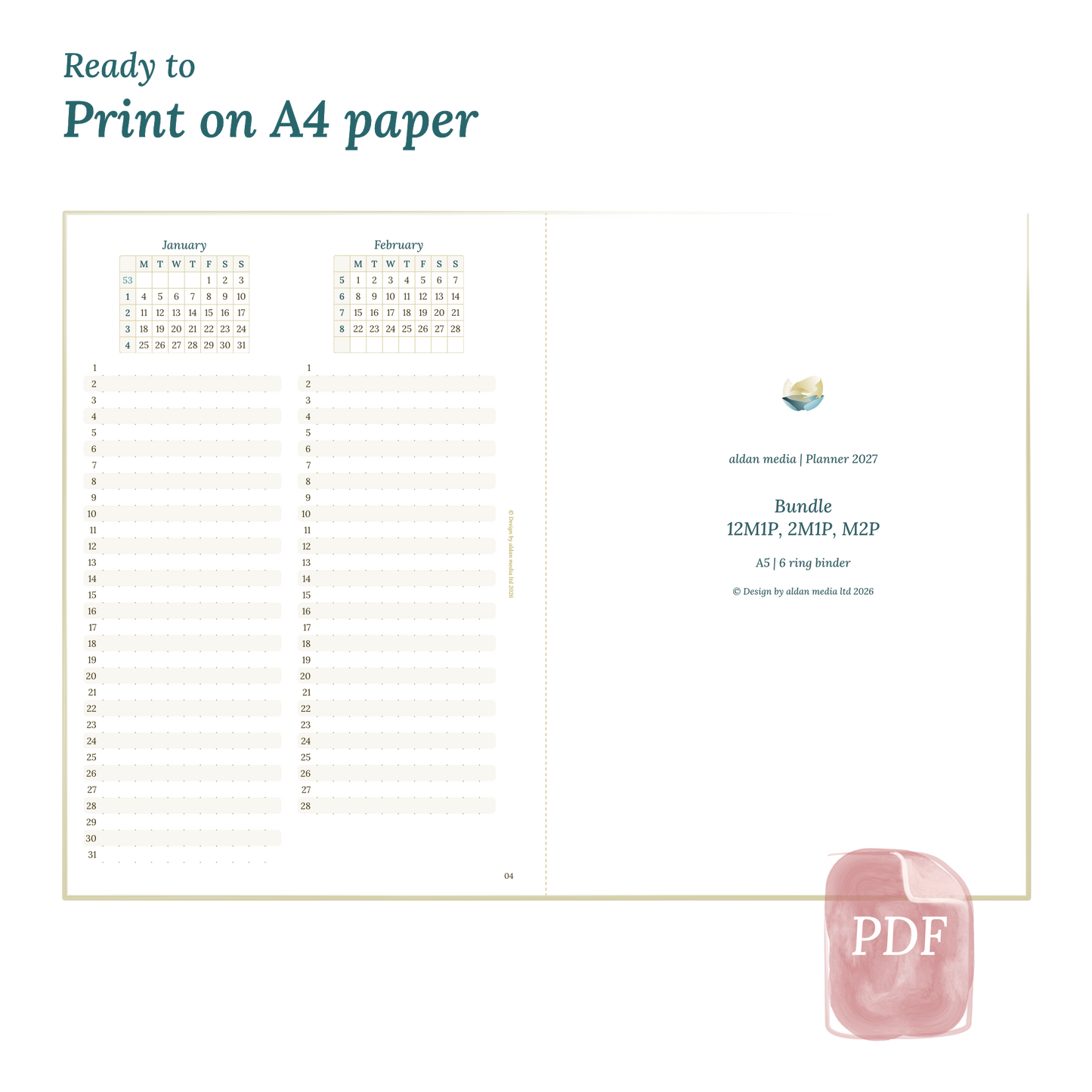Printable PDF calendar planner with title design on A4 paper that illustrates that our products are ready to print.
