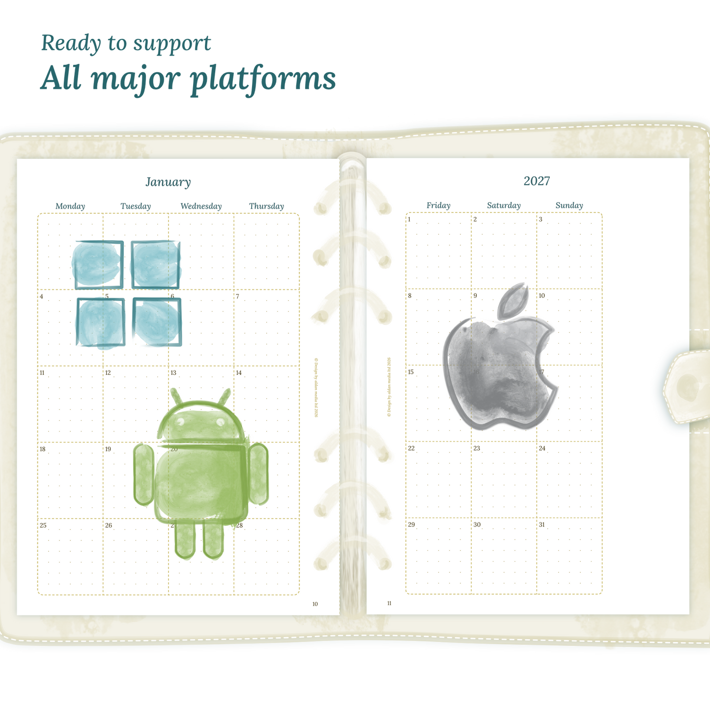 Open planner calendar insert with Windows, Android and Apple logos on a white background to show what operating systems are supported by our PDF printables.