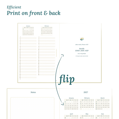 Printable PDF calendar design with a title and text indicating efficient printing on front and back of the A4 page.