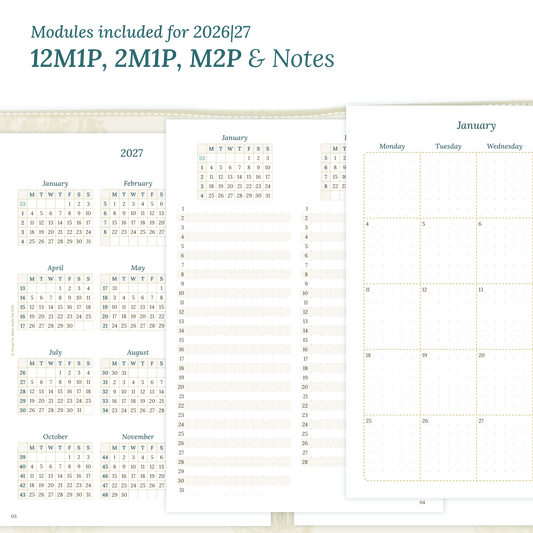 Calendar PDF printable inserts modules of this Bundle for the years 2026 and 2027 with various formats featuring 12M1P 12 month on 1 page, 2M1P future log 2 months on 1 page, M2P month on 2 pages and a Notes.
