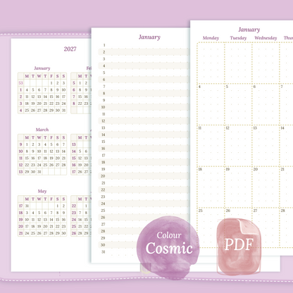 Examples featuring the different PDF printable planner inserts modules of this Bundle for 2026 and 2027 in the colour Cosmic/Raspberry featuring 12M2P 12 month on 2 pages, M1P future log month on 1 page, M2P month on 2 pages and a Notes.