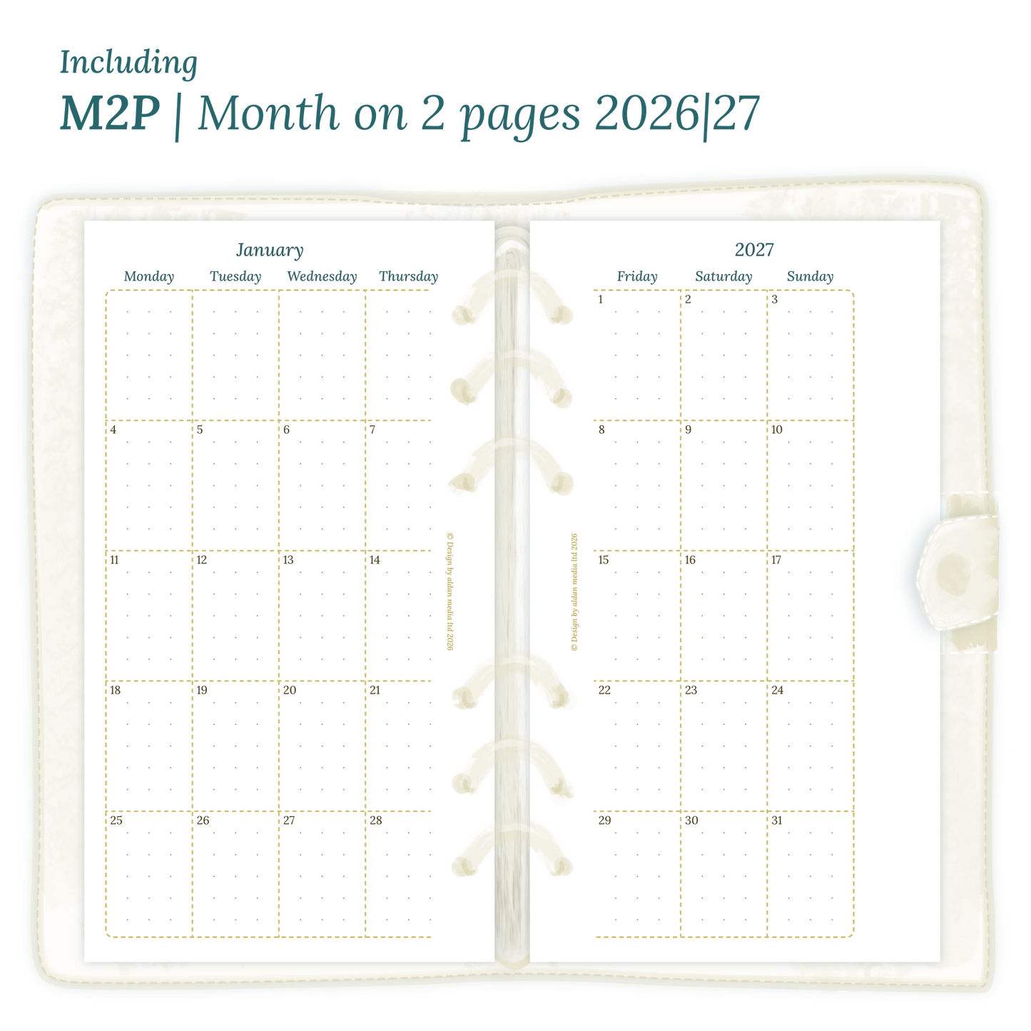 Open planner showing details of the PDF printable inserts module M2P month on 2 pages for 2026 and 2027 inside this Bundle for Personal size 6 ring binder planner.
