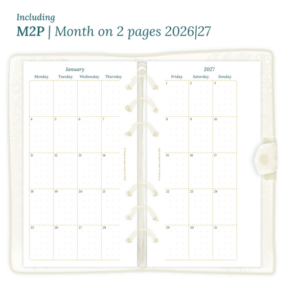 Open planner showing details of the PDF printable inserts module M2P month on 2 pages for 2026 and 2027 inside this Bundle for Personal size 6 ring binder planner.