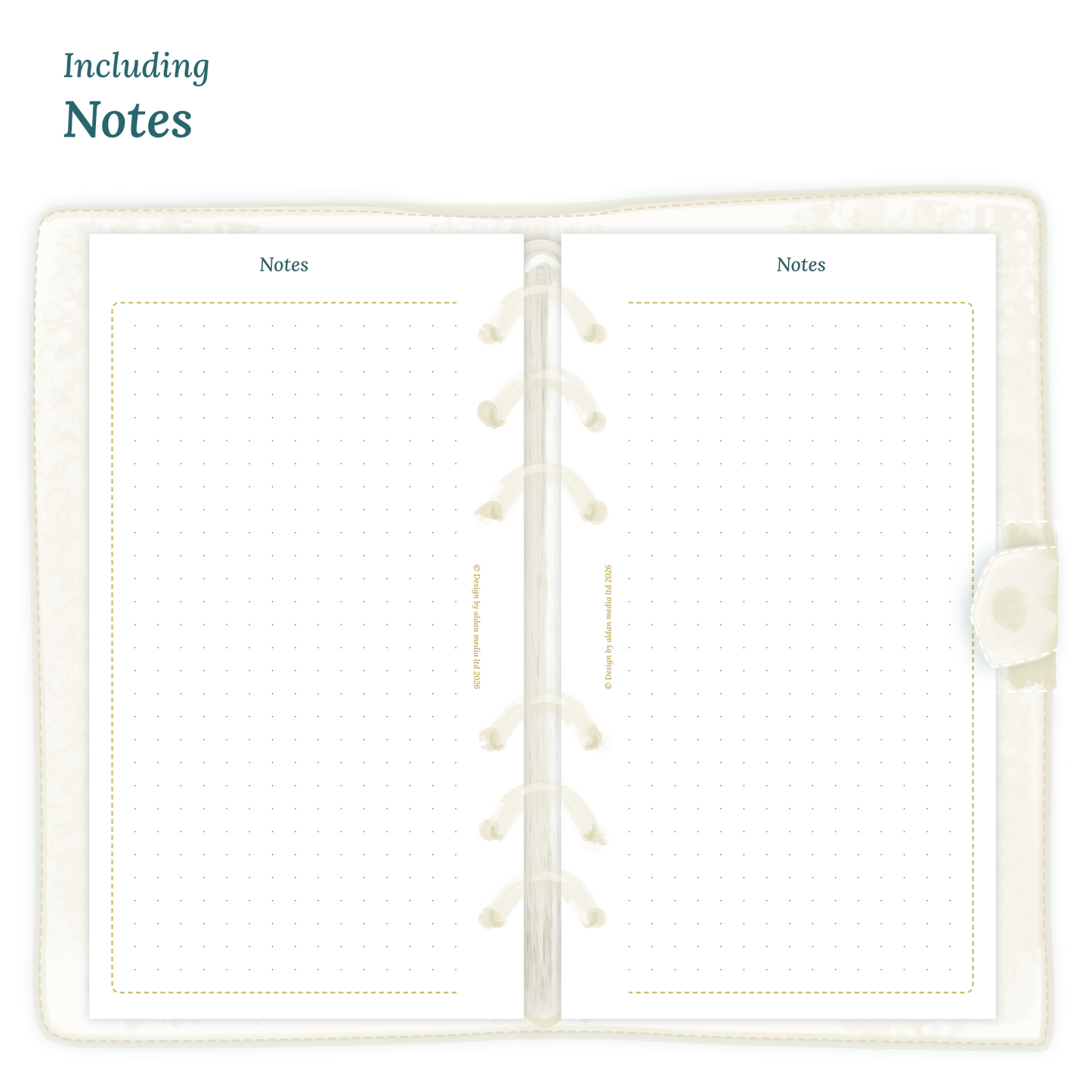 Open planner showing details of the PDF printable planner inserts module Notes for 2027 inside this Bundle for Personal size 6 ring binder planner.
