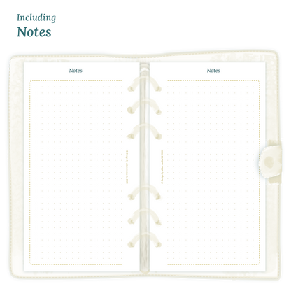 Open planner showing details of the PDF printable planner inserts module Notes for 2027 inside this Bundle for Personal size 6 ring binder planner.