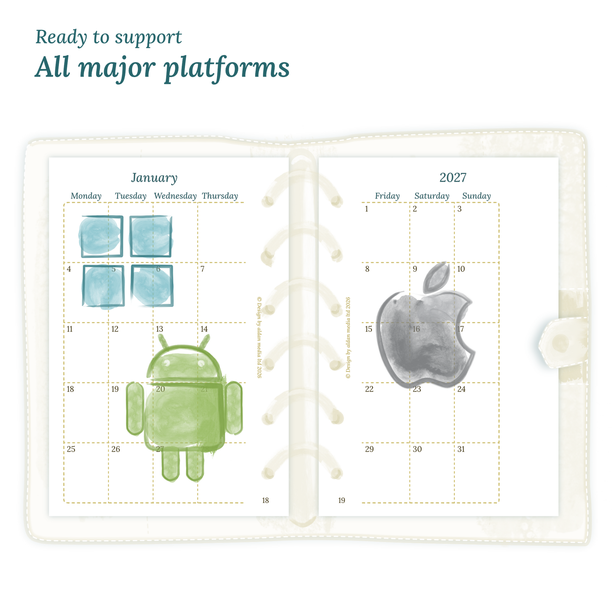 Open planner calendar insert with Windows, Android and Apple logos on a white background to show what operating systems are supported by our PDF printables for Pocket for 6 ring binder planner.