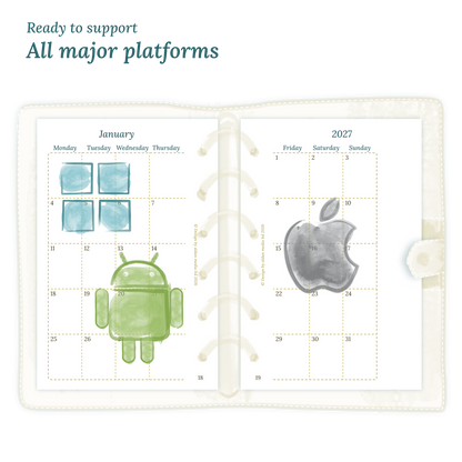 Open planner calendar insert with Windows, Android and Apple logos on a white background to show what operating systems are supported by our PDF printables for Pocket for 6 ring binder planner.