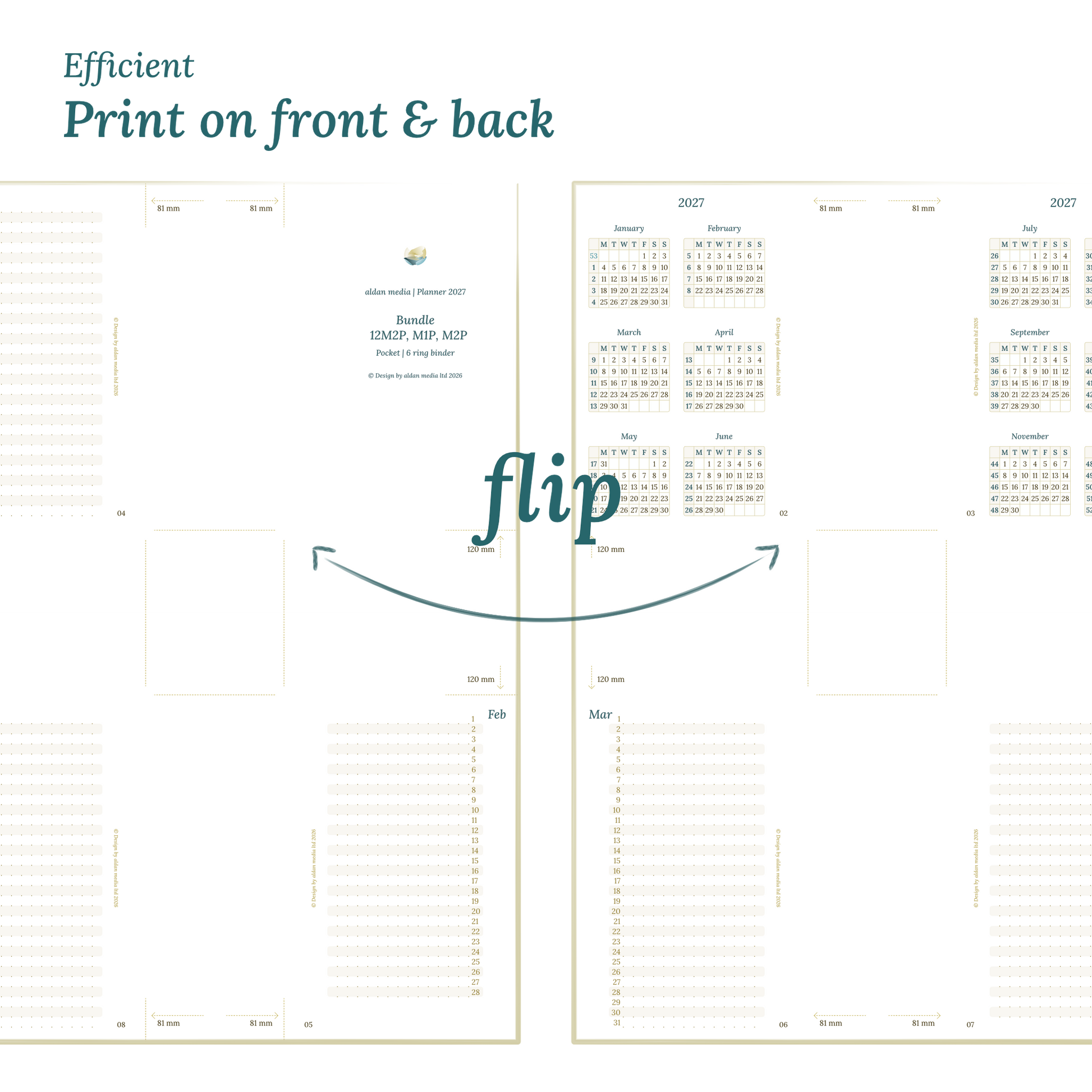 Printable PDF calendar design with a title and text indicating efficient printing on front and back of the A4 page for Pocket for 6 ring binder planner.