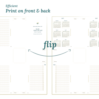 Printable PDF calendar design with a title and text indicating efficient printing on front and back of the A4 page for Pocket for 6 ring binder planner.