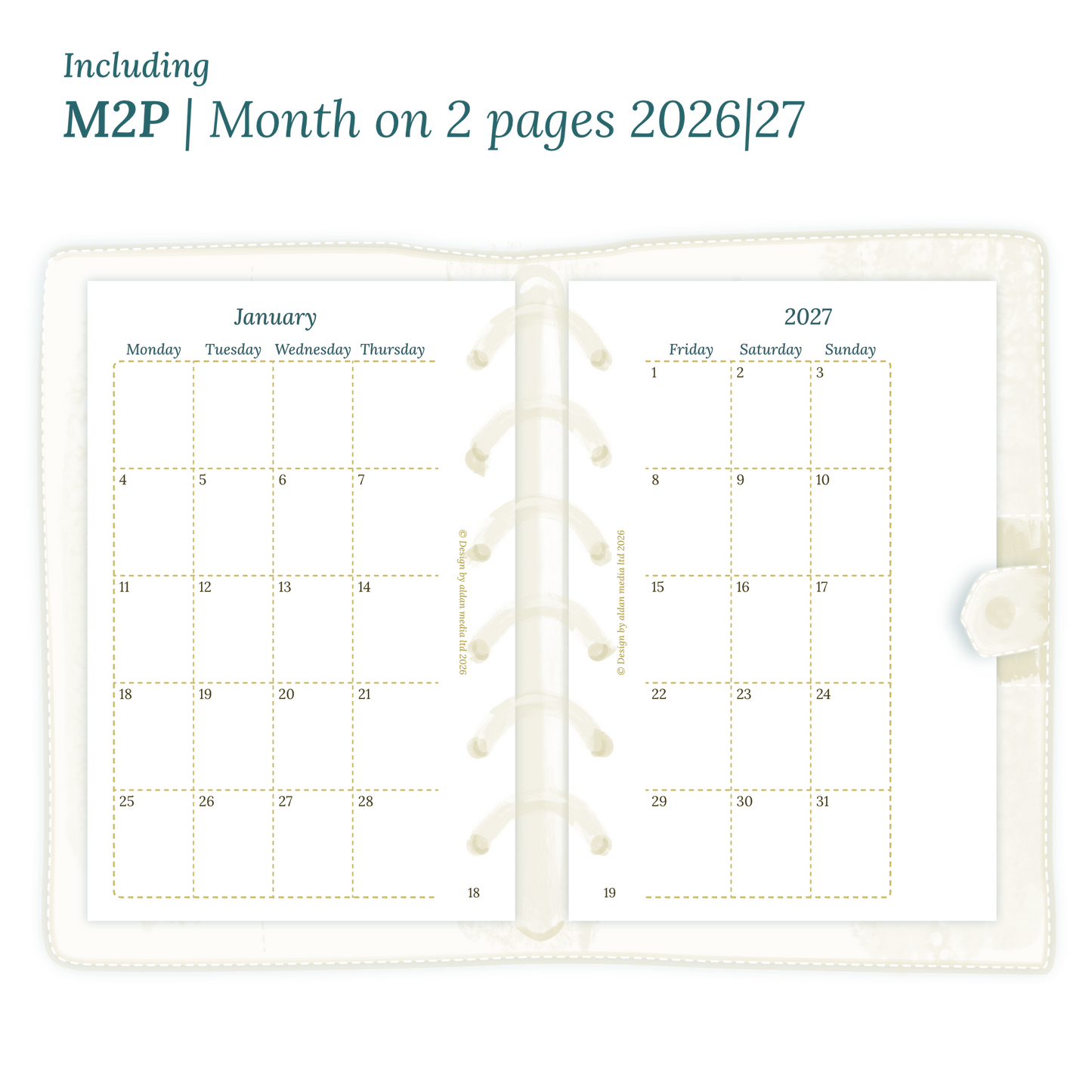 Open planner showing details of the PDF printable inserts module M2P month on 2 pages for 2026 and 2027 inside this Bundle for Pocket size 6 ring binder planner.