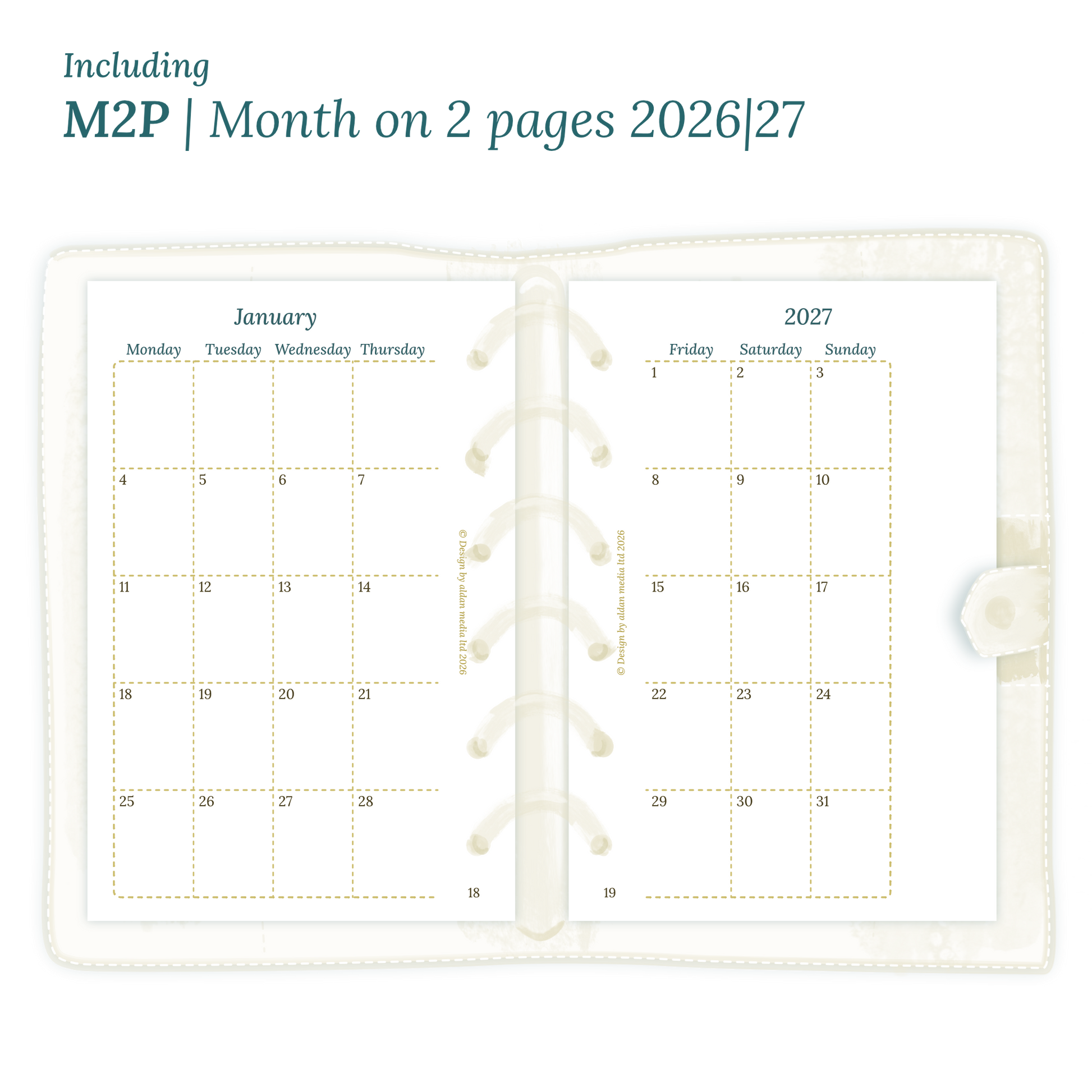 Open planner showing details of the PDF printable inserts module M2P month on 2 pages for 2026 and 2027 inside this Bundle for Pocket size 6 ring binder planner.