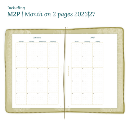 Open planner showing details of the PDF printable inserts module M2P month on 2 pages for 2026 and 2027 inside this Bundle.
