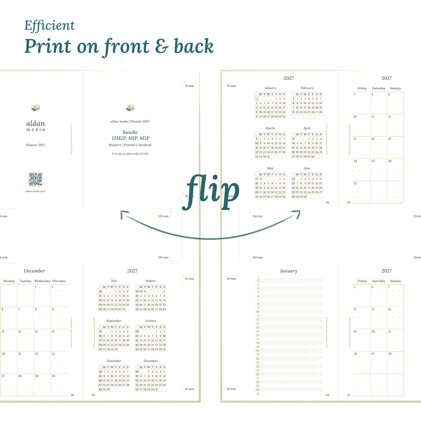 Printable PDF calendar design with a title and text indicating efficient printing on front and back of the A4 page for Passport for Traveler's Notebook planner.