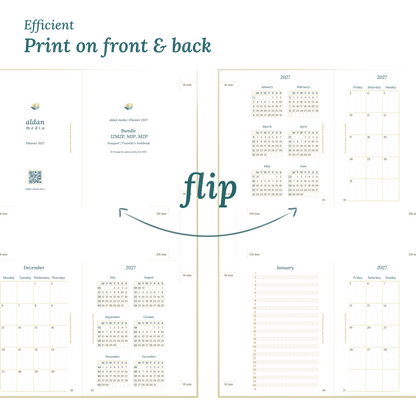 Printable PDF calendar design with a title and text indicating efficient printing on front and back of the A4 page for Passport for Traveler's Notebook planner.