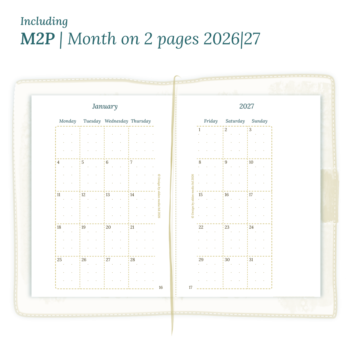 Open planner showing details of the PDF printable inserts module M2P month on 2 pages for 2026 and 2027 inside this Bundle for Passport size Traveler's Notebook planner.