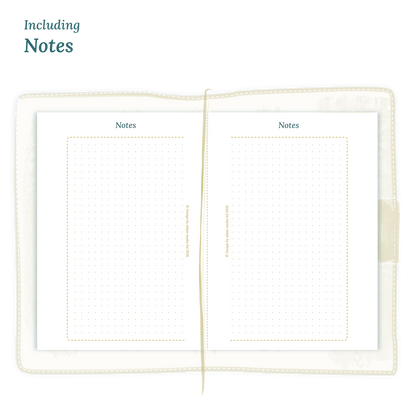 Open planner showing details of the PDF printable planner inserts module Notes for 2027 inside this Bundle for Passport size Traveler's Notebook planner.