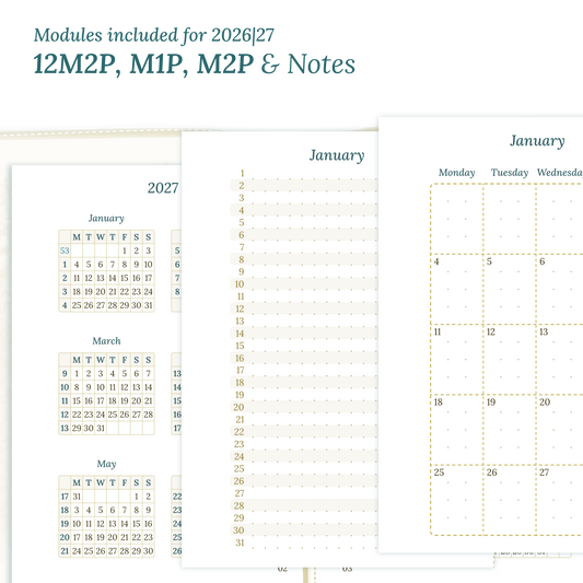 Calendar PDF printable inserts modules of this Bundle for the years 2026 and 2027 with various formats featuring 12M2P 12 month on 2 pages, M1P future log month on 1 page, M2P month on 2 pages and a Notes module