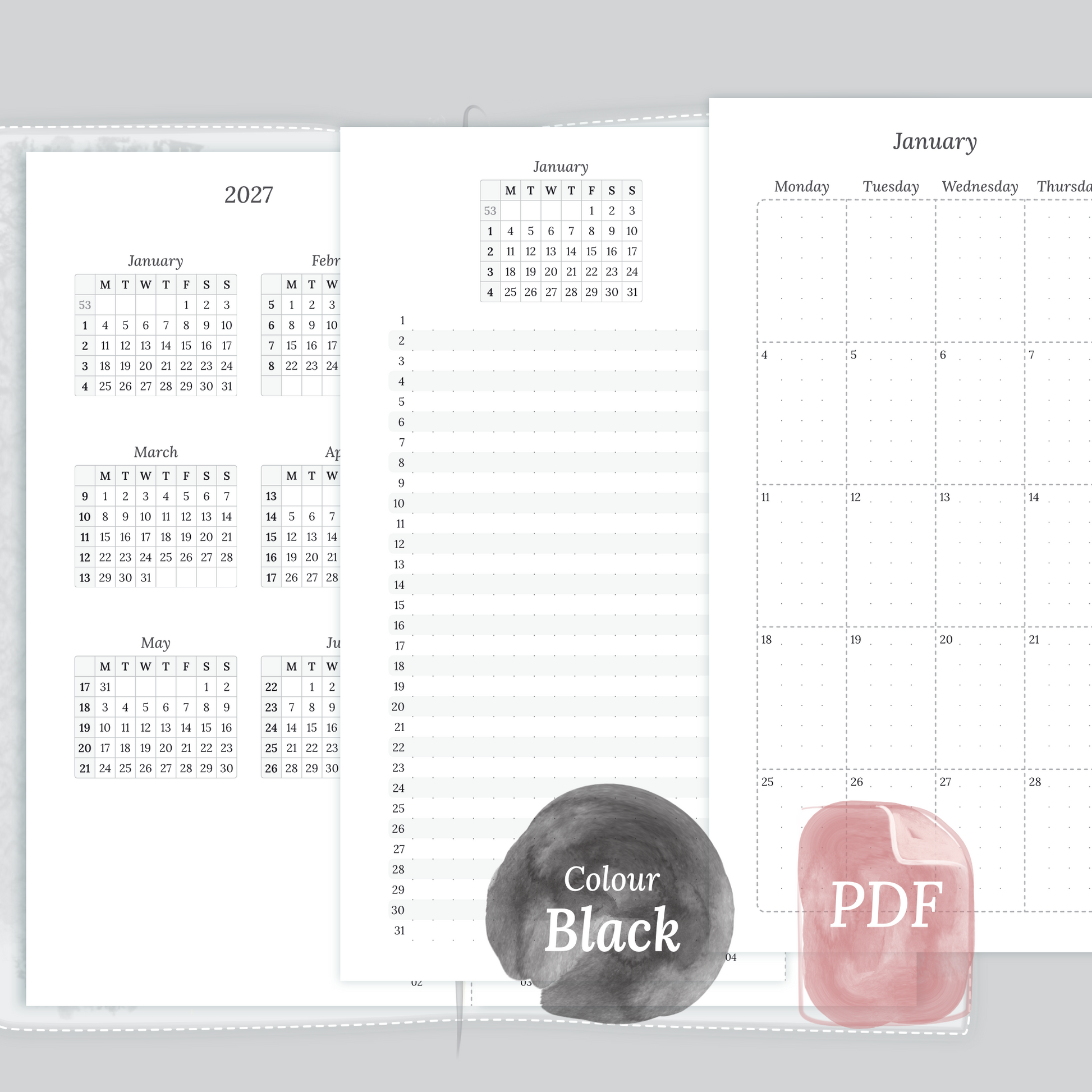 Examples featuring the different PDF printable planner inserts modules of this Bundle for 2026 and 2027 in the colour Black & White featuring 12M2P 12 month on 2 pages, M1P future log month on 1 page and M2P month on 2 pages.