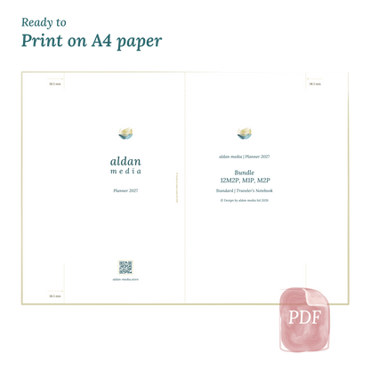 Printable PDF calendar planner with title design on A4 paper that illustrates that our products are ready to print for Standard for Traveler's Notebook planner.