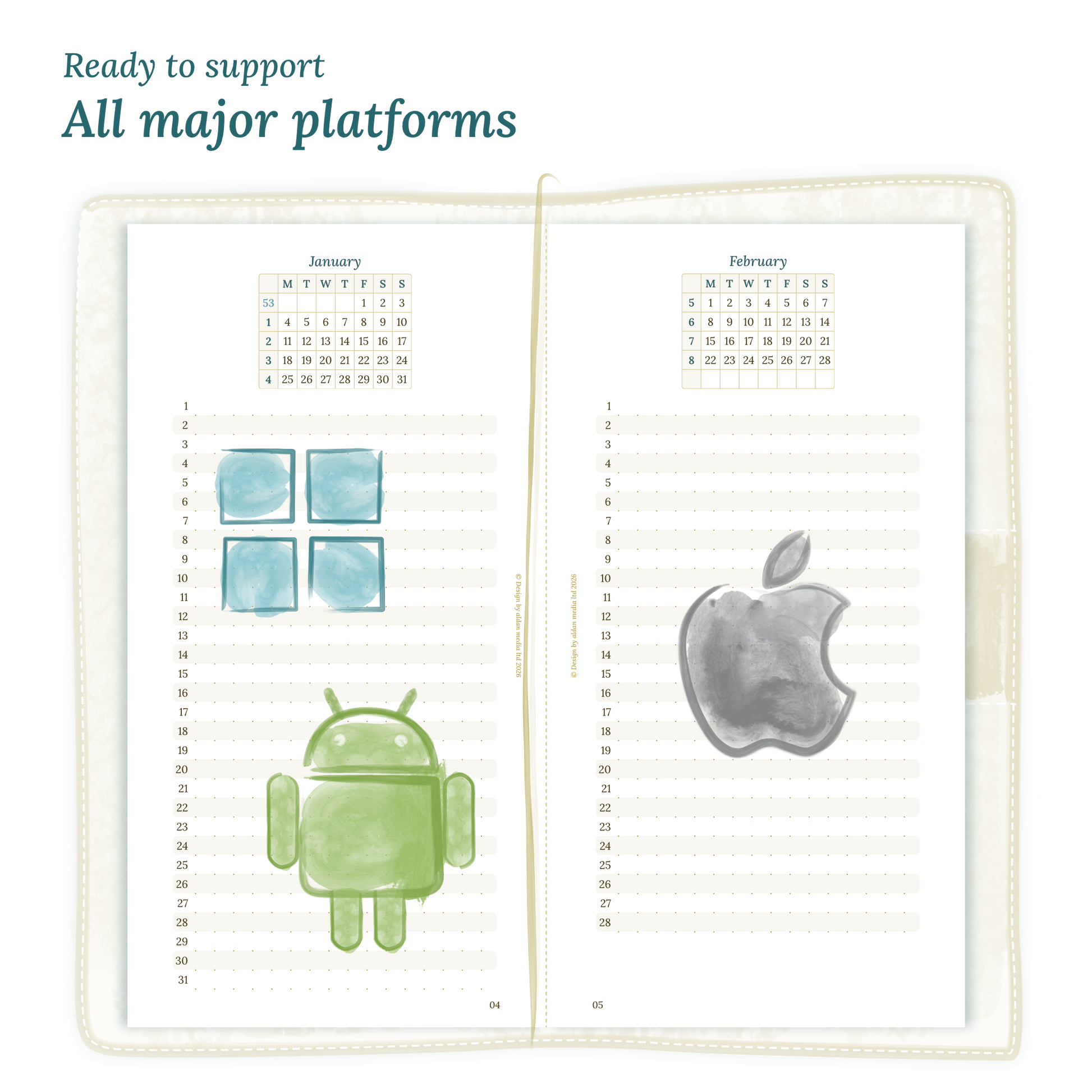 Open planner calendar insert with Windows, Android and Apple logos on a white background to show what operating systems are supported by our PDF printables for Standard for Traveler's Notebook planner.