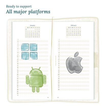 Open planner calendar insert with Windows, Android and Apple logos on a white background to show what operating systems are supported by our PDF printables for Standard for Traveler's Notebook planner.