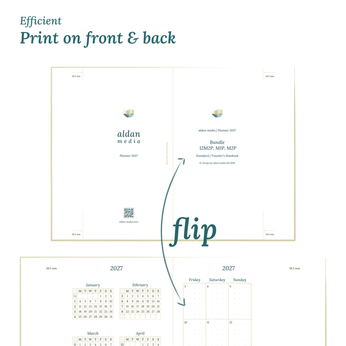 Printable PDF calendar design with a title and text indicating efficient printing on front and back of the A4 page for Standard for Traveler's Notebook planner.