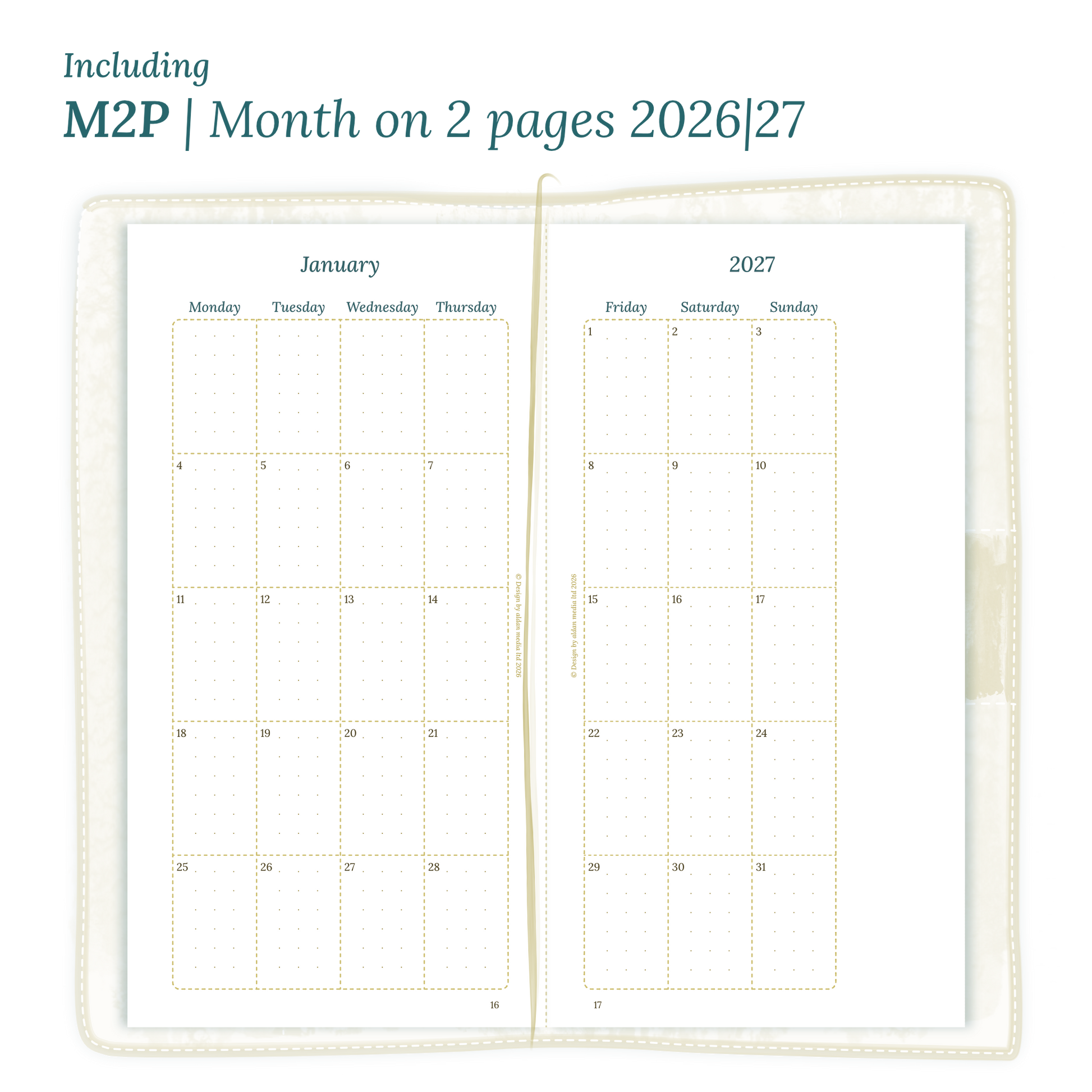 Open planner showing details of the PDF printable inserts module M2P month on 2 pages for 2026 and 2027 inside this Bundle for Standard size Traveler's Notebook planner.