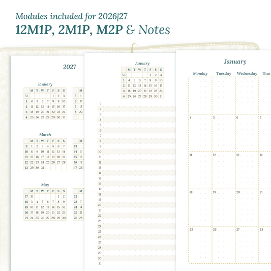 Calendar PDF printable inserts modules of this Bundle for the years 2026 and 2027 with various formats featuring 12M2P 12 month on 2 pages, M1P future log month on 1 page, M2P month on 2 pages and a Notes module