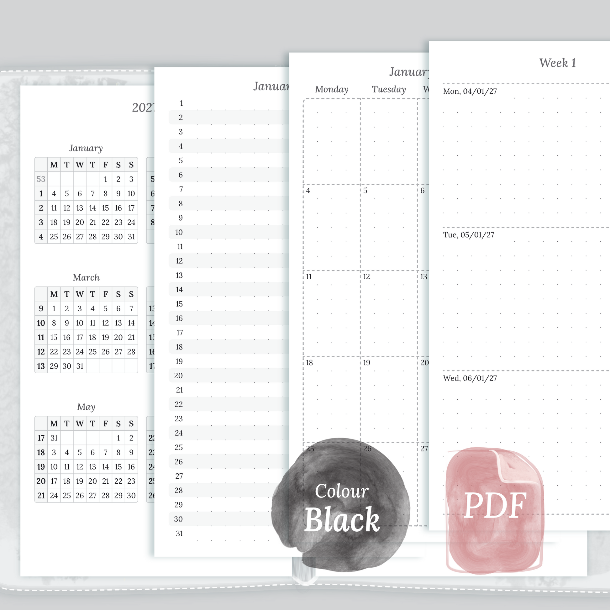Examples featuring the different PDF printable planner inserts modules of this Bundle L for 2026 and 2027 in the colour Black & White featuring 12M2P 12 month on 2 pages, M1P future log month on 1 page, M2P month on 2 pages, W2P week on 2 pages and a Notes.
