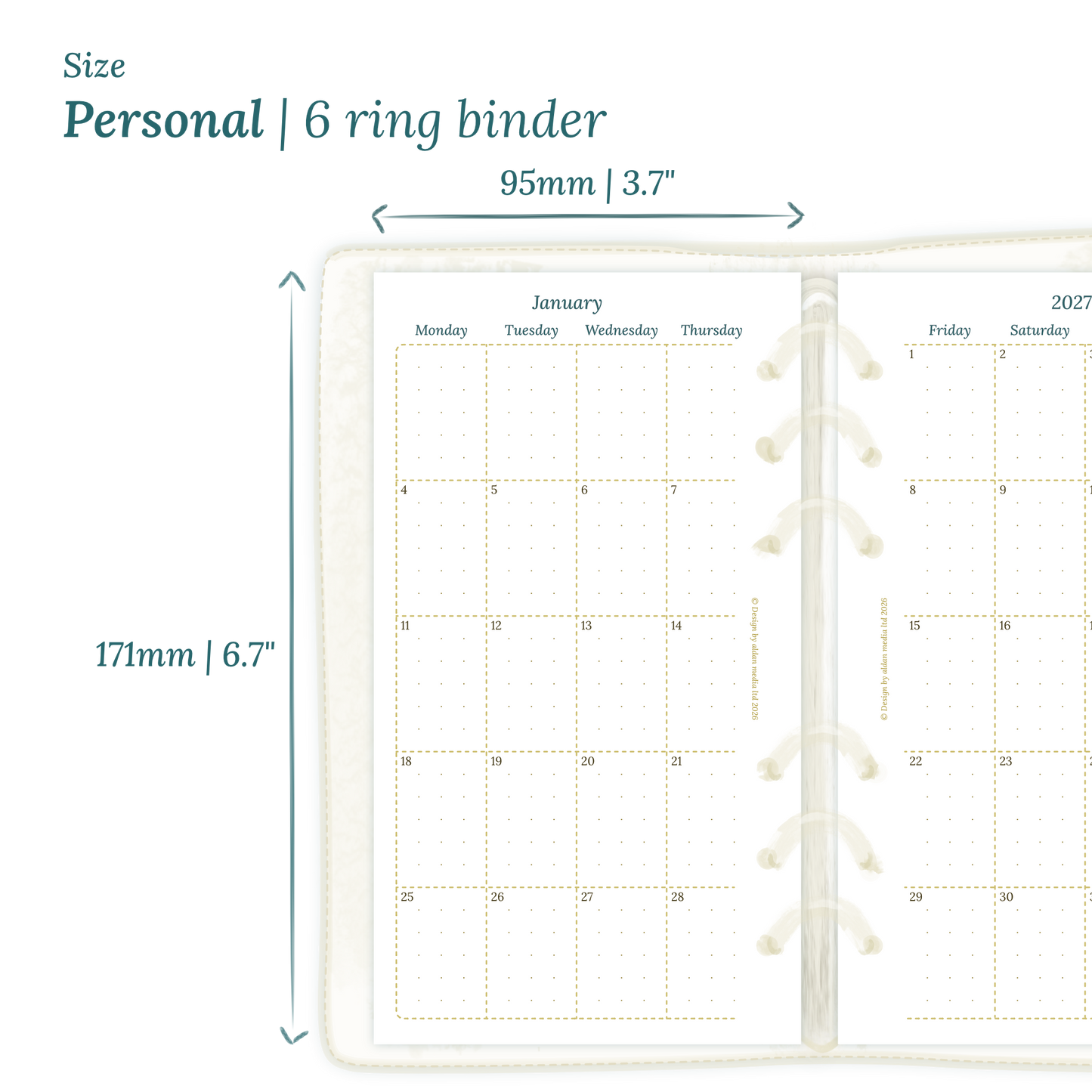 Printable PDF calendar planner insert with dimensions labeled on a white background to show the size supported which is Personal.