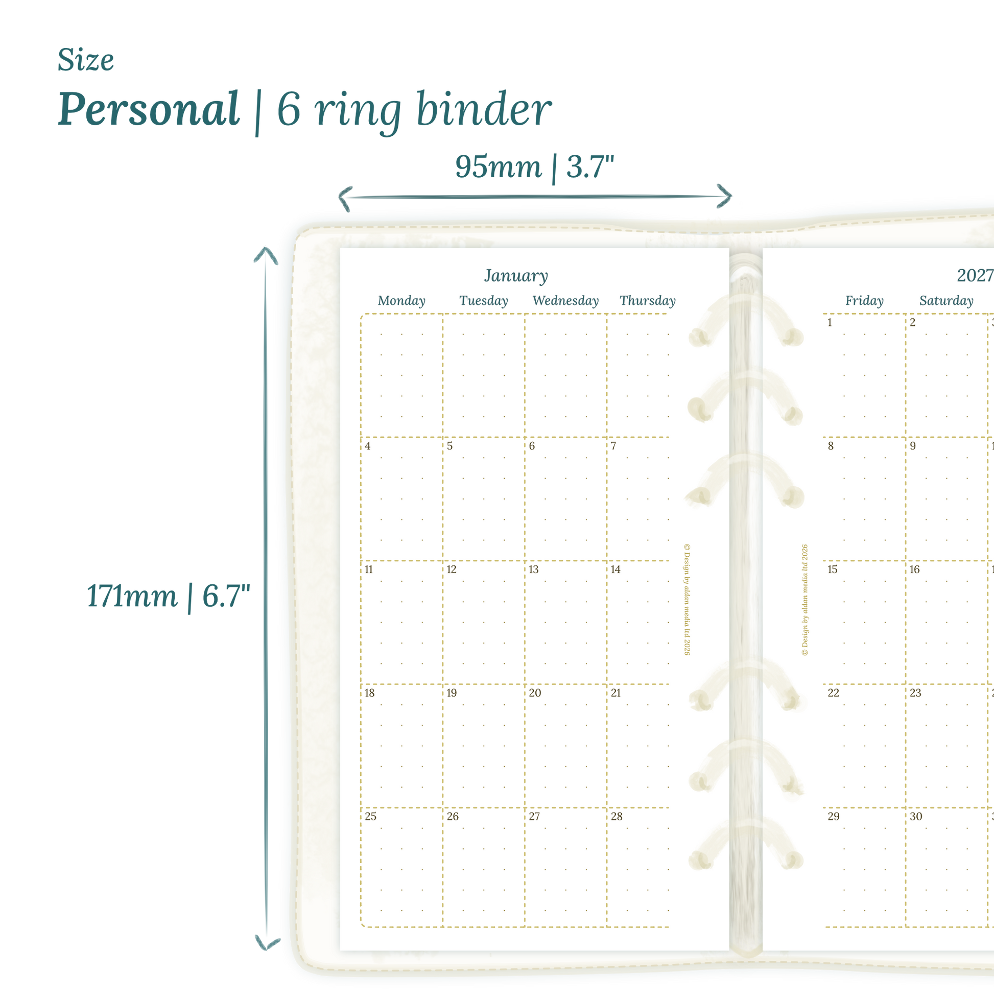 Printable PDF calendar planner insert with dimensions labeled on a white background to show the size supported which is Personal.