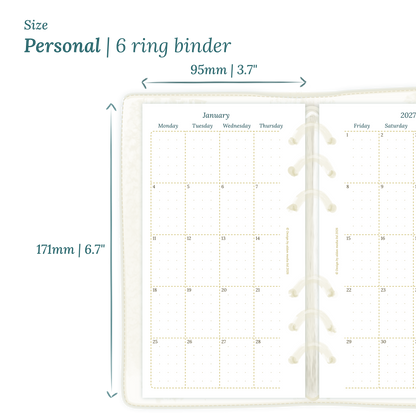 Printable PDF calendar planner insert with dimensions labeled on a white background to show the size supported which is Personal.