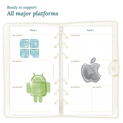 Open planner calendar insert with Windows, Android and Apple logos on a white background to show what operating systems are supported by our PDF printables.