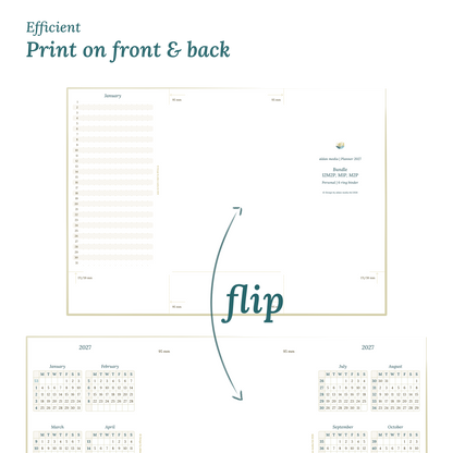 Printable PDF calendar title design and text indicating efficient printing on front and back.