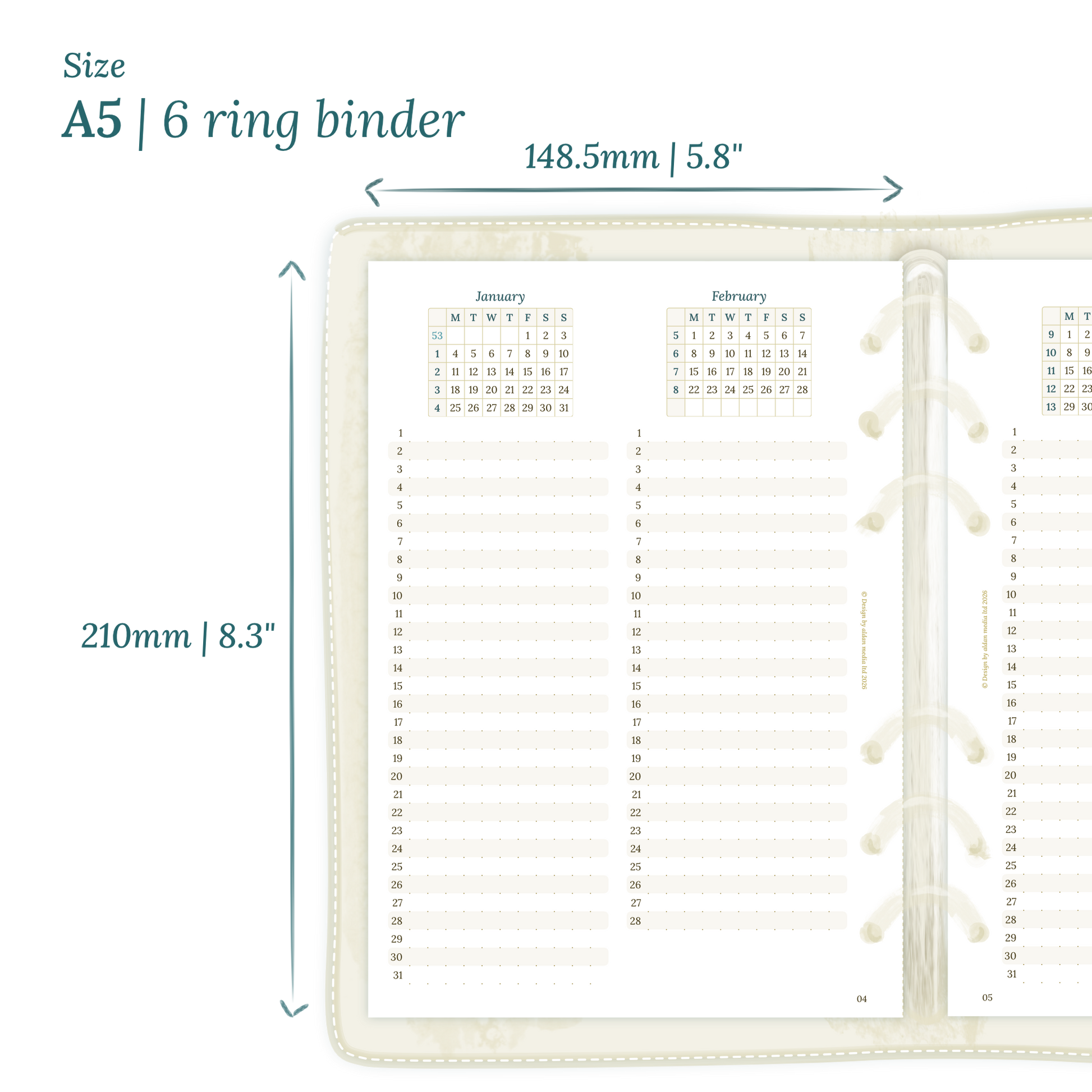 Printable PDF calendar planner insert with dimensions labeled on a white background to show the size supported which is A5