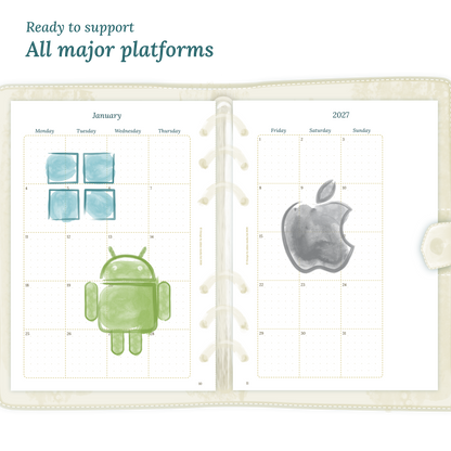 Open planner calendar insert with Windows, Android and Apple logos on a white background to show what operating systems are supported by our printables.