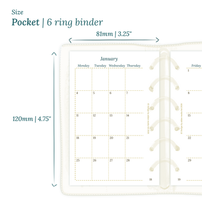 Printable PDF calendar planner insert with dimensions labeled on a white background to show the size supported which is Pocket