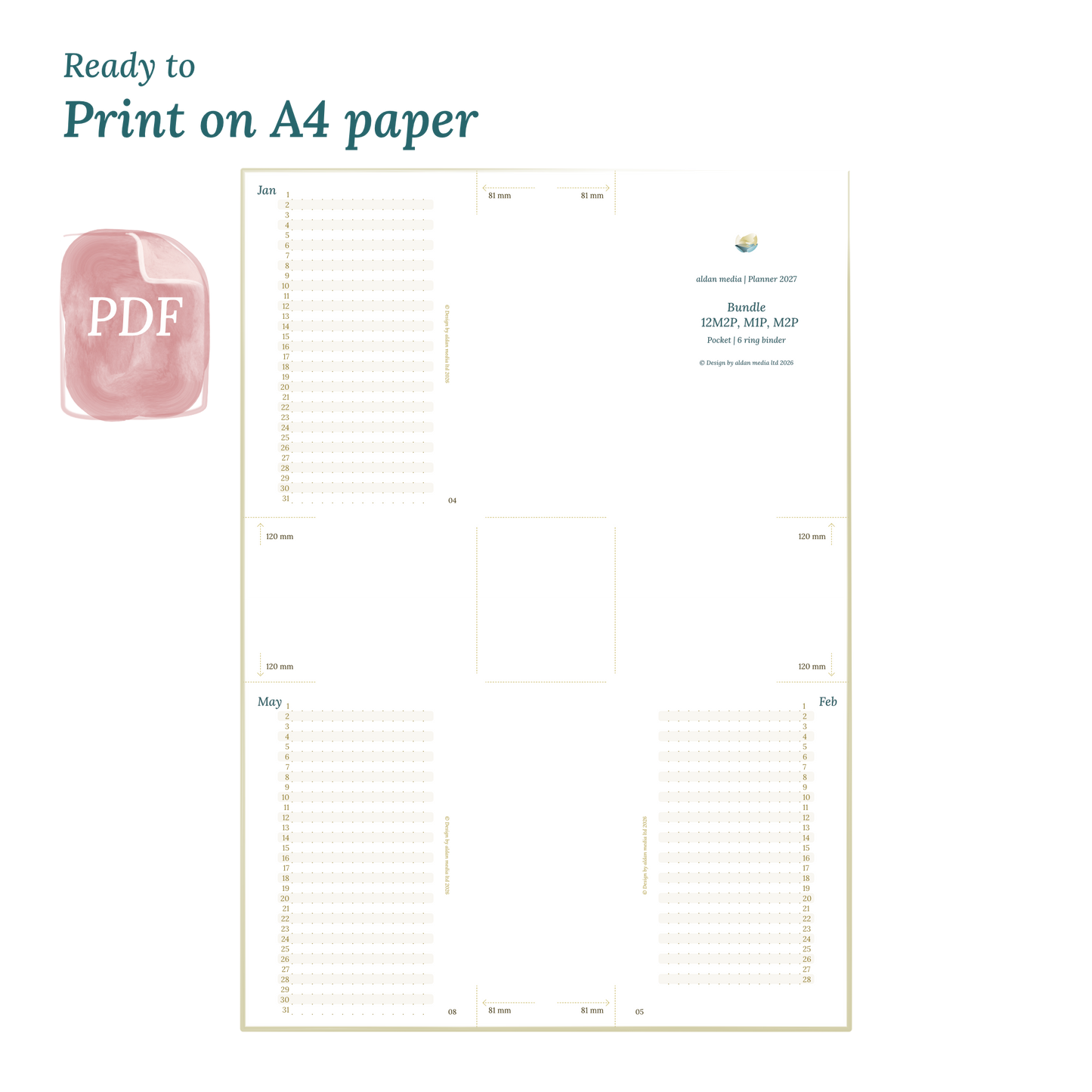 Printable PDF calendar planner with title design on A4 paper that illustrates that our products are ready to print.
