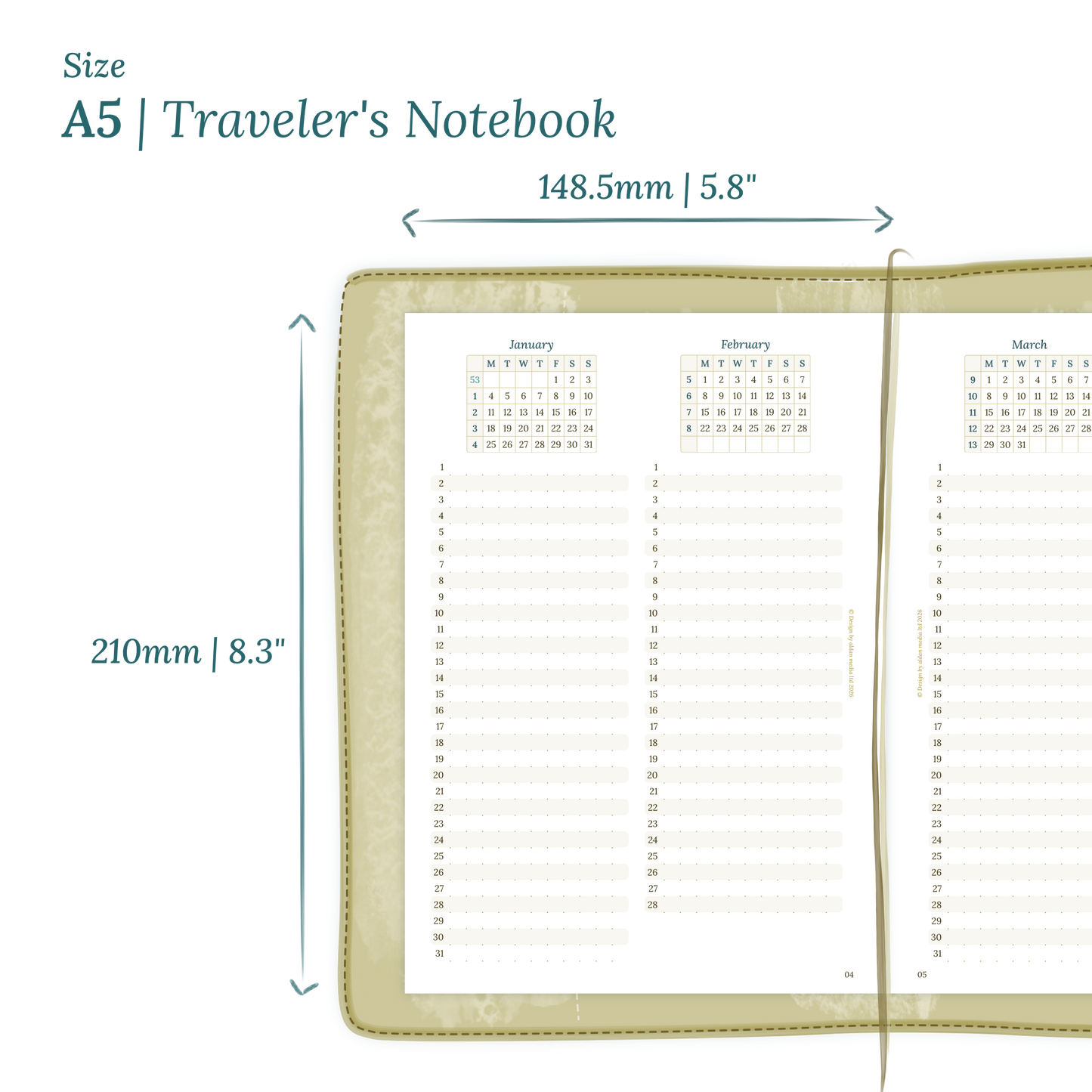 Printable PDF calendar planner insert with dimensions labeled on a white background to show the size supported which is A5