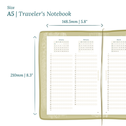Printable PDF calendar planner insert with dimensions labeled on a white background to show the size supported which is A5