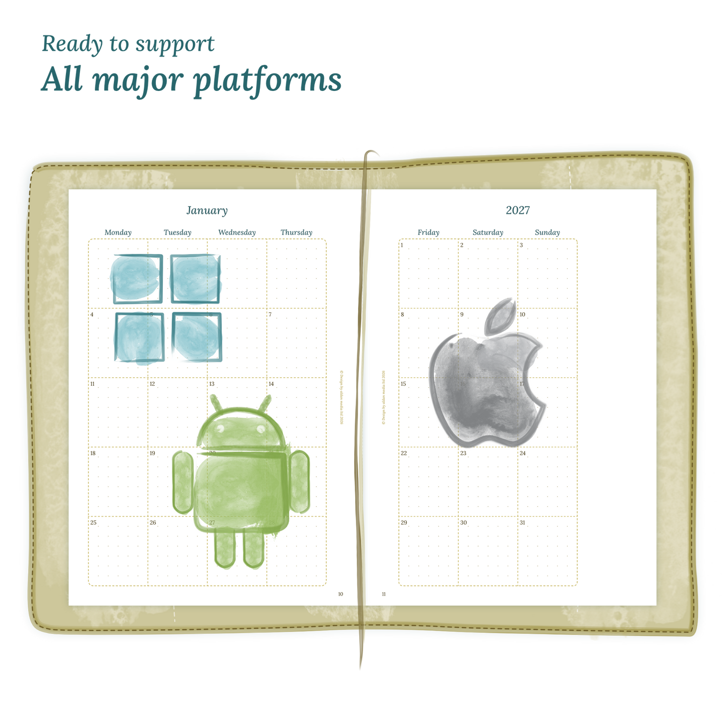 Open planner calendar insert with Windows, Android and Apple logos on a white background to show what operating systems are supported by our printables.