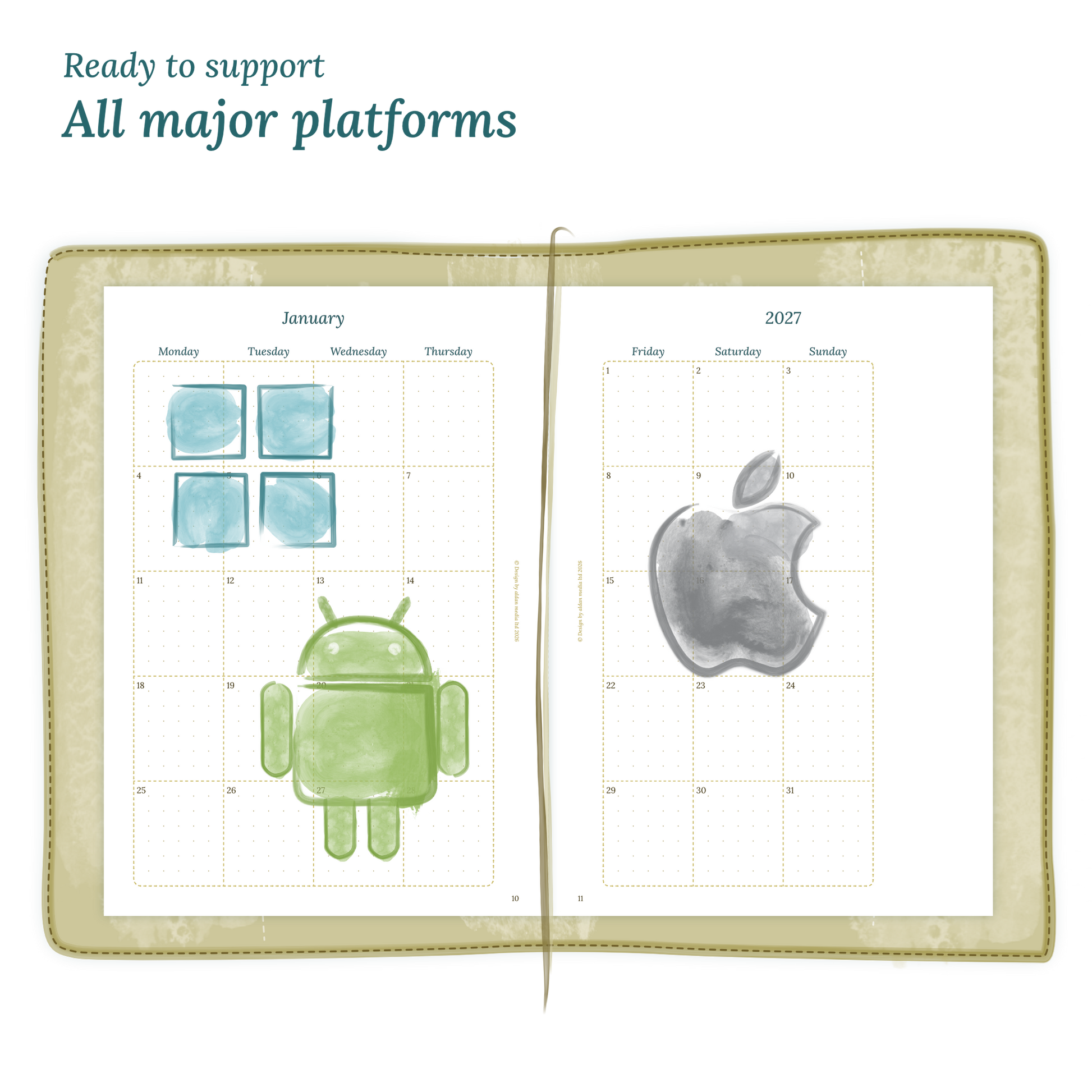 Open planner calendar insert with Windows, Android and Apple logos on a white background to show what operating systems are supported by our printables.